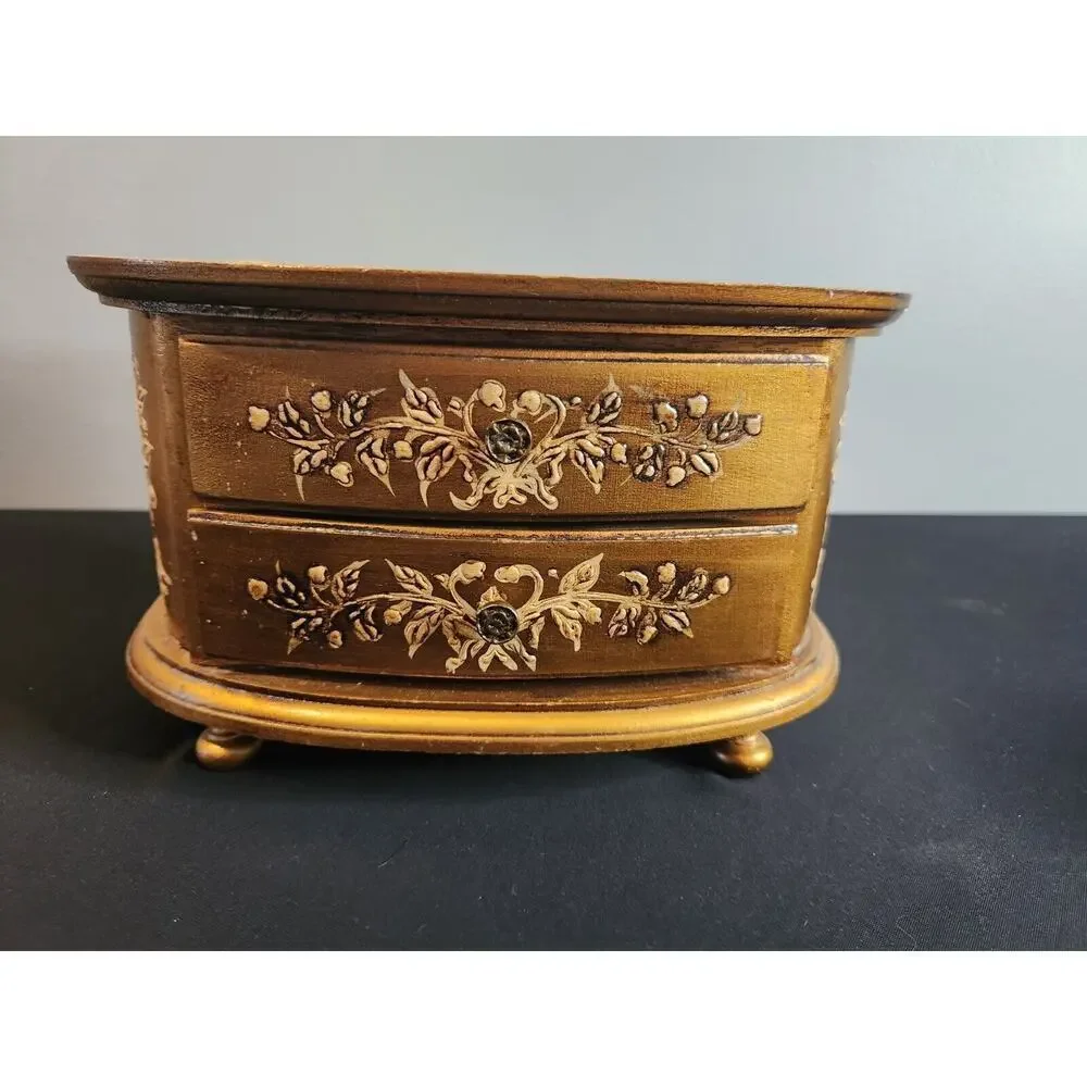 Vintage wood Florentine Jewelry Box-2 Drawers-Gold music box